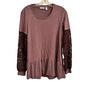 LOGO by Lori Goldstein Lounge French Shirt Maple Burgundy Crochet Floral Small
